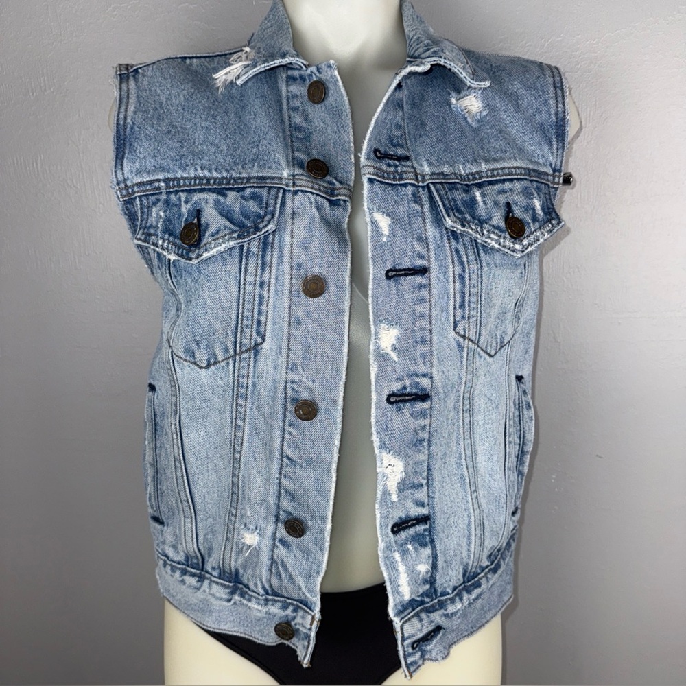 Reformation Jean Jacket Distressed Women’s S Blue Denim Trucker Sleeveless *READ